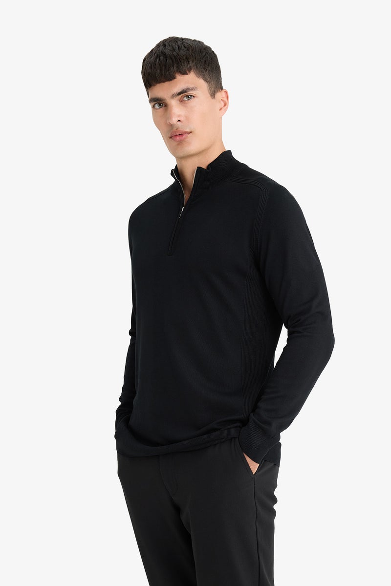 DeFacto Black Man Standard Fit Stand Collar Half Zippered Knit Pullover Casual - Image 3
